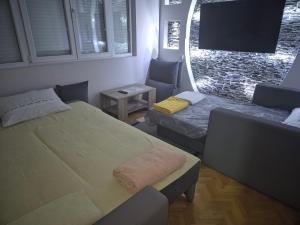 Donje VranjeJože的一间卧室设有两张床,砖墙上配有电视