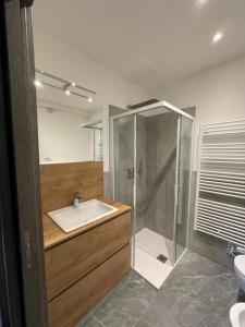 a bathroom with a sink and a shower at Trilocale nel centro storico di Bormio in Bormio +5 photos