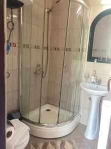Un baño con ducha, inodoro y lavabo. en Guest House Garden, en Budva