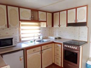 a small kitchen with a sink and a microwave at Atpūtas mājiņa ''JŪRASMIERS'' in Mērsrags