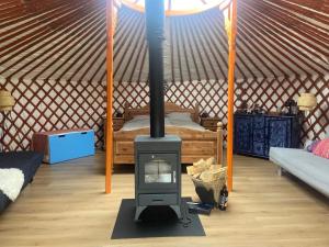 a room with a stove in a yurt with a bed at Iloons yurt in Hollandscheveld