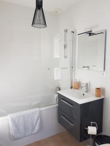 a bathroom with a sink and a tub and a mirror at L'échappée de Sologne -chez l'habitant- in Lamotte-Beuvron
