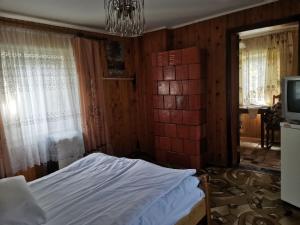 a bedroom with a bed and a television in it at У вуйка Івана in Yaremche