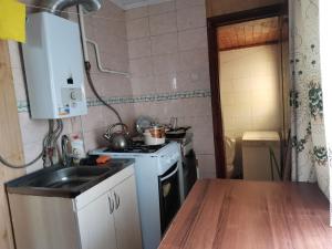 a small kitchen with a sink and a stove at У вуйка Івана in Yaremche