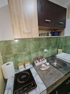 a kitchen counter with a sink and a stove at Stan na Dan Nice Pozarevac in Požarevac