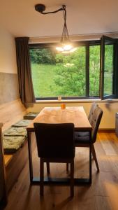 特鲁特诺夫Krásný apartmán u sjezdovky v Janských Lázních的一间有桌子、椅子和窗户的餐厅