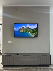 einen Flachbild-TV an der Wand im Wohnzimmer in der Unterkunft Люкс 1-комнатная квартира in Balqasch