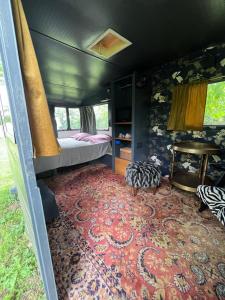 a room with a bed and a red carpet at Les Cabanes du Vigné in Molandier