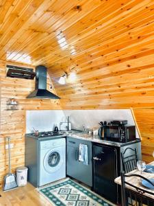 a kitchen with a stove and a washer and dryer at Wayside Cottage in Batumi