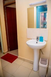 a bathroom with a sink and a toilet and a mirror at Gany Home Vibes - Comfy 1-bedroom apartment in Nairobi with Parking and Netflix - TRM drive in Nairobi