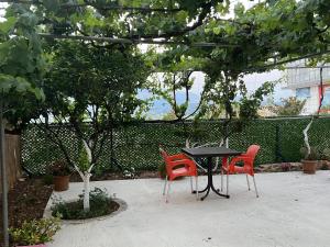 a table and two chairs sitting under an umbrella at Anna Rooms in Sarandë