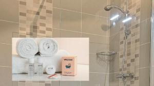 un bagno con doccia e asciugamani su uno scaffale di Odyssée a Vallon-en-Sully Altre 6 foto