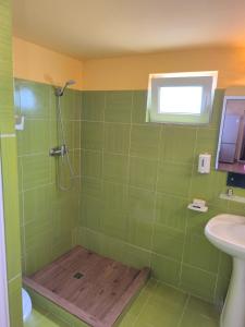 a green bathroom with a shower and a sink at Casa de vacanță Anni - 2 min de piață in Eforie Nord +14 photos