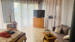 a living room with a couch and a tv on a dresser at Belle Vue in Pers-Jussy