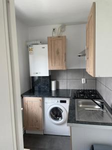 a small kitchen with a washing machine and a stove at Cazare Bârlad 3 in Bîrlad