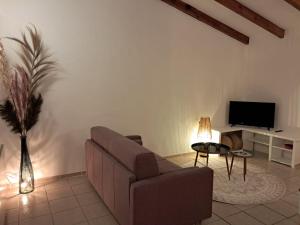 a living room with a couch and a tv at Maison de campagne in Bonifacio