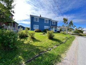 a blue house on the side of a road at Kelly's Landing in Trinity