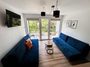 a living room with a blue couch and a table at Apart & Plus 2 in Okuninka