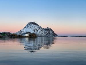 a house on a small island in the water at Gammelbutikken Guesthouse in Pettvik