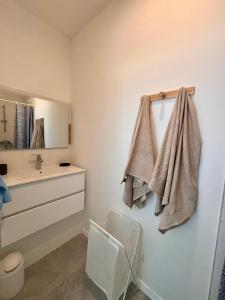 a bathroom with a sink and a toilet and a towel at Maison Privée, Calme, parking, Jardin in Reviers +15 photos