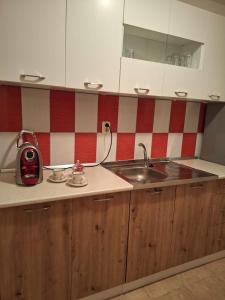a kitchen with a sink and a red and white checkered wall at Apartman Dane i Ivana Međugorje in Međugorje +33 photos