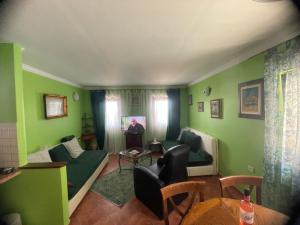 a living room with green walls and a couch and chairs at Apartments Villa Dinka in Opatija