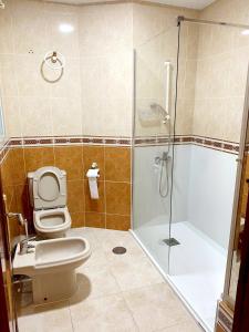 a bathroom with a toilet and a glass shower at Genial casa en centro in Ceuta +6 photos