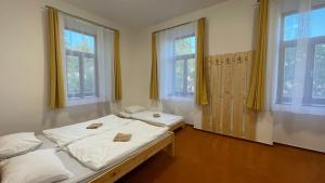 a bedroom with two beds and two windows at Turistická chata Libínské Sedlo in Prachatice