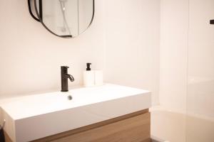 ミュルーズにあるModerne et spacieux, près du centre de Mulhouseの白い洗面台と鏡のあるバスルーム