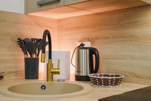 a kitchen counter with a sink with a coffee maker at Villa Ali in Illidža