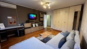 a living room with a couch and a tv at Stan Ideja in Novi Sad