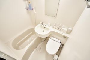 a bathroom with a sink and a toilet and a mirror at Rikyuan Kyoto Nishikyogoku in Kyoto