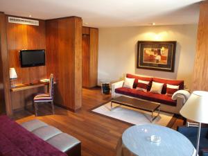 ein Wohnzimmer mit einem Sofa und einem TV in der Unterkunft Hospedium Hotel Mirador de Gredos in El Barco de Ávila