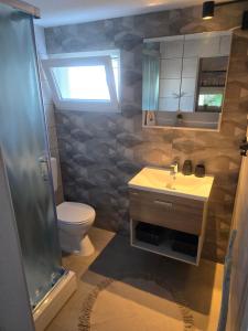 a bathroom with a toilet and a sink and a shower at Kod Dida in Gospić