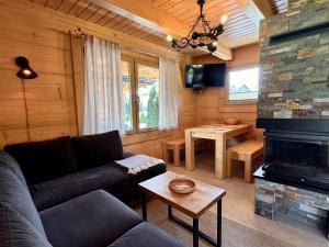 a living room with a couch and a fireplace at Domki Trzy Korony in Sromowce Niżne