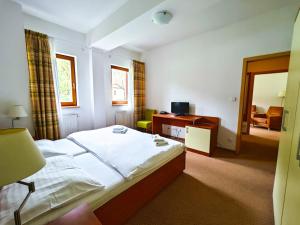 pokój hotelowy z łóżkiem i biurkiem w obiekcie Hotel Bazant w Karlowych Warach