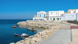 a group of boats in the water next to buildings at DAR EL HAMRA in Mahdia
