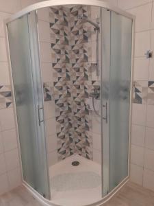 a shower with a glass door in a bathroom at Apartman Neda in Sveti Ivan Dobrinjski