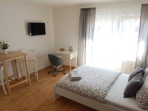 a bedroom with a bed and a desk and a window at Studio Dresden Neustadt & parking in Dresden