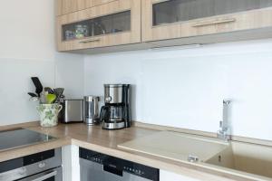 a kitchen with wooden cabinets and a counter top at Golfresidenz Wohnung 211 in Grömitz