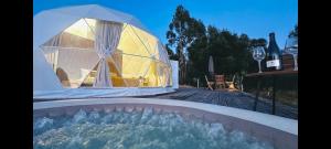 a dome tent is in the water in a backyard at Glamping Casas Eco Natura in Cabrais