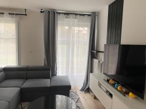 a living room with a couch and a flat screen tv at Le chic de Villiers Sur Marne in Villiers-sur-Marne
