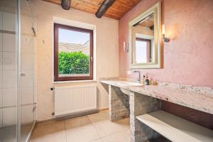 a bathroom with a sink and a mirror and a shower at Ferien-Domizil Bodensee - 15 Personen Ferienhaus in Oberteuringen +44 photos