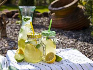 two mason jars filled with lemonade and lemons on a table at Die "Alte Schmelz"- Boutique-Landhotel & Restaurant in Bad Dürkheim