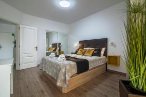 a bedroom with a large bed and a large mirror at Playa Paraiso apartment in Playa Paraiso