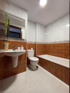 a bathroom with a toilet and a tub and a sink at Apartamento Ensenada de Barraña in Boiro