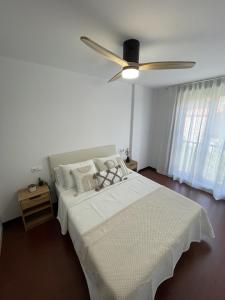 a bedroom with a bed with a ceiling fan at Apartamento Ensenada de Barraña in Boiro