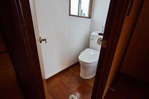 a small bathroom with a toilet and a mirror at 『貸切、BBQ 可、送迎あり』Nonbiri Slowly Plant in Oiso +14 photos