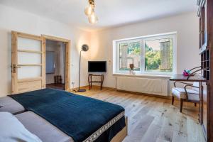 a bedroom with a bed and a window and a television at Kleines Glück in Seedorf