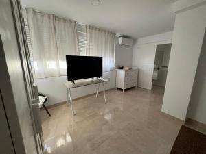 un soggiorno con TV a schermo piatto su un tavolo di Tokyo Rooms Los Genoveses Habitacion PREMIUM con baño privado a Almería